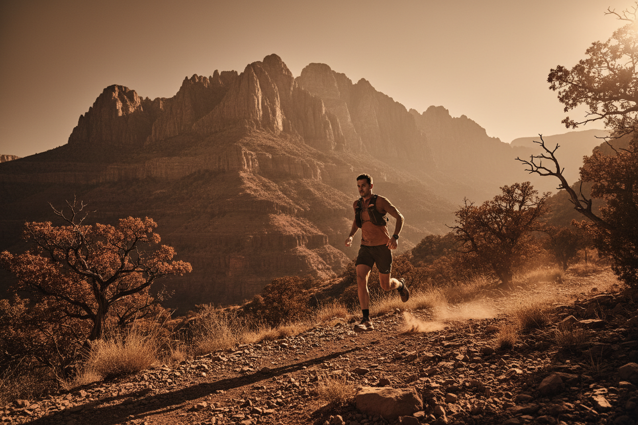 fais moi un fond marron de montagne avec une personne qui fait un runnig
